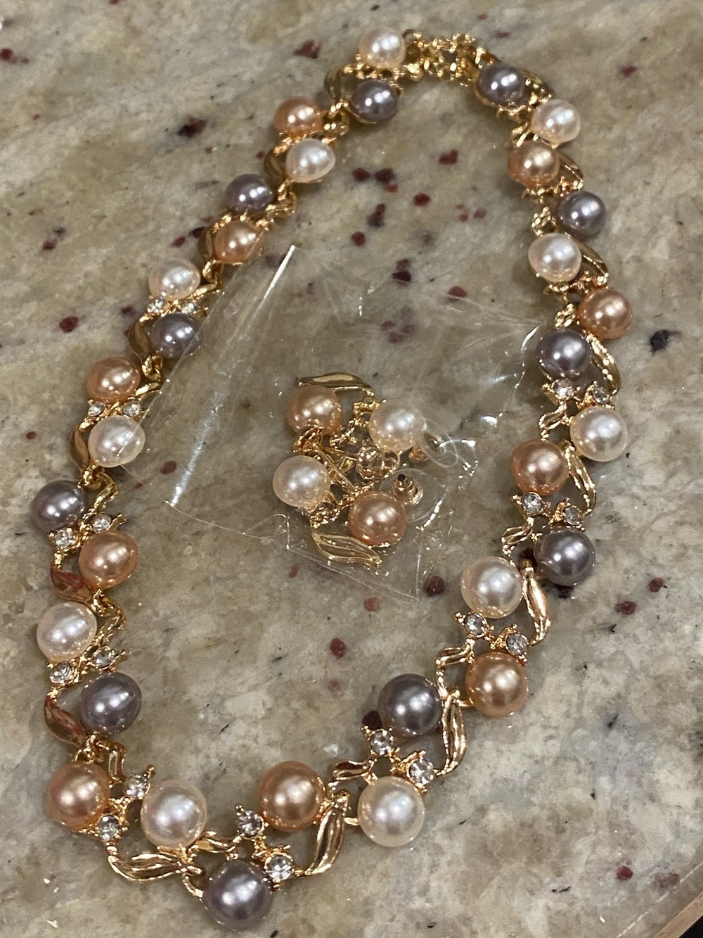 Gold Pearl Multi-Color Necklace and Earring Set